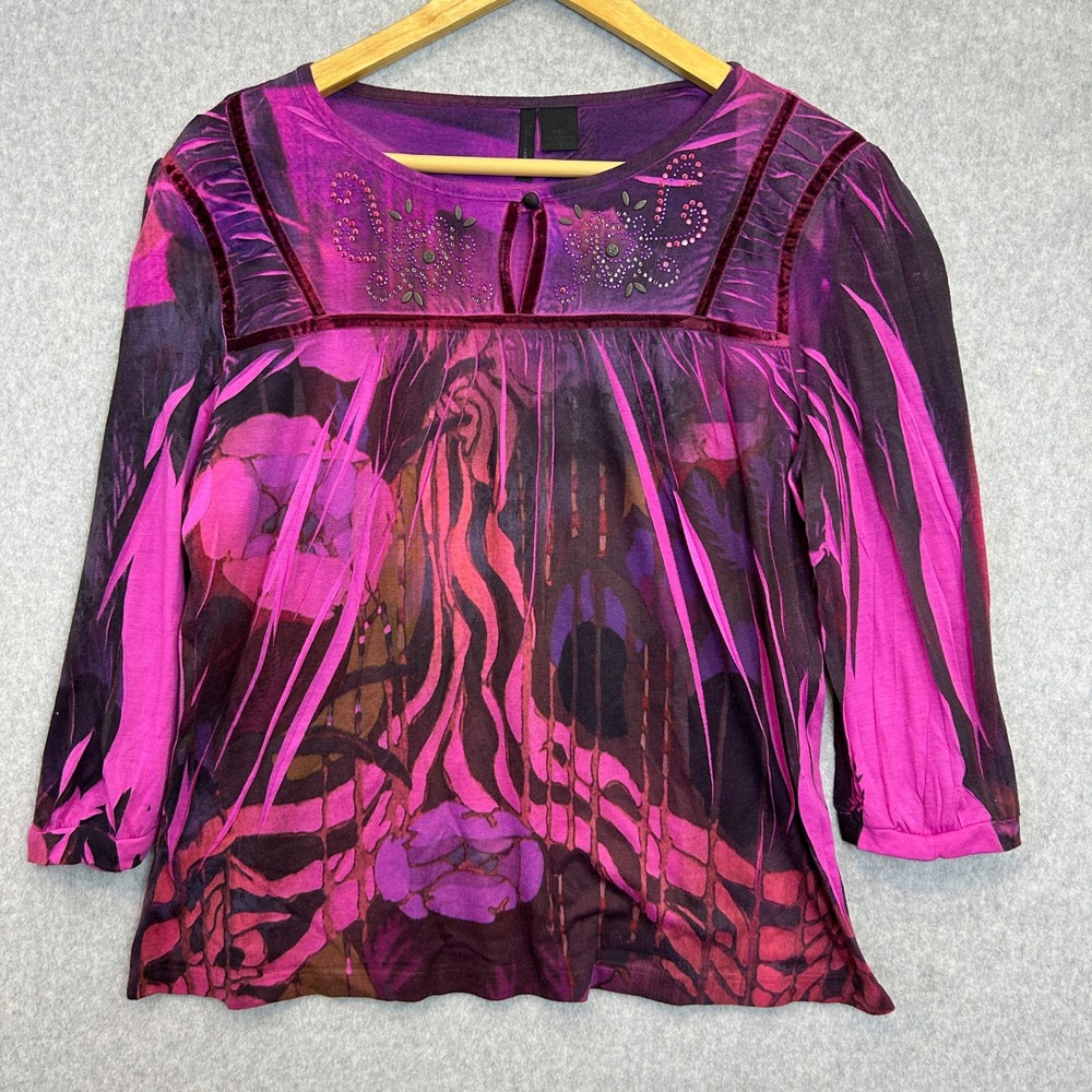 New Directions Top Purple Floral Beaded Velvet Trim Blouse Artsy Witchy Size PXL